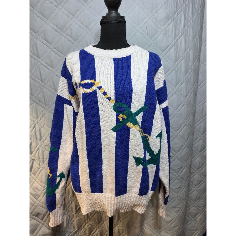 Henry Grethel Vintage Nautical Anchor Striped Cotton Knit Sweater Blue White M